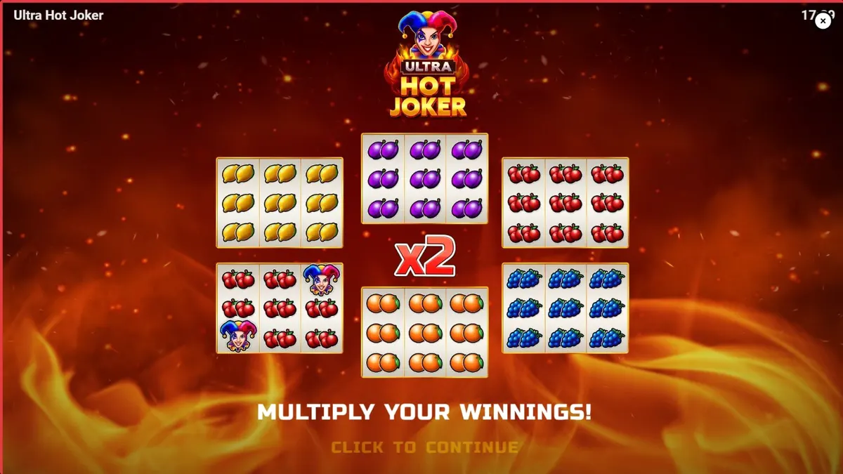 Tampilan visual mesin slot Ultra Hot Joker dengan tema buah klasik dan elemen api