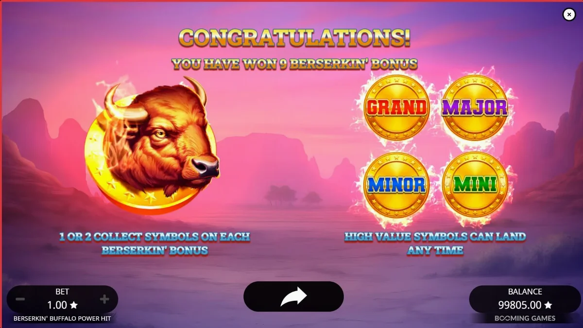 Visual bertema alam liar dan buffalo dalam slot Beserkin’ Buffalo Power Hit